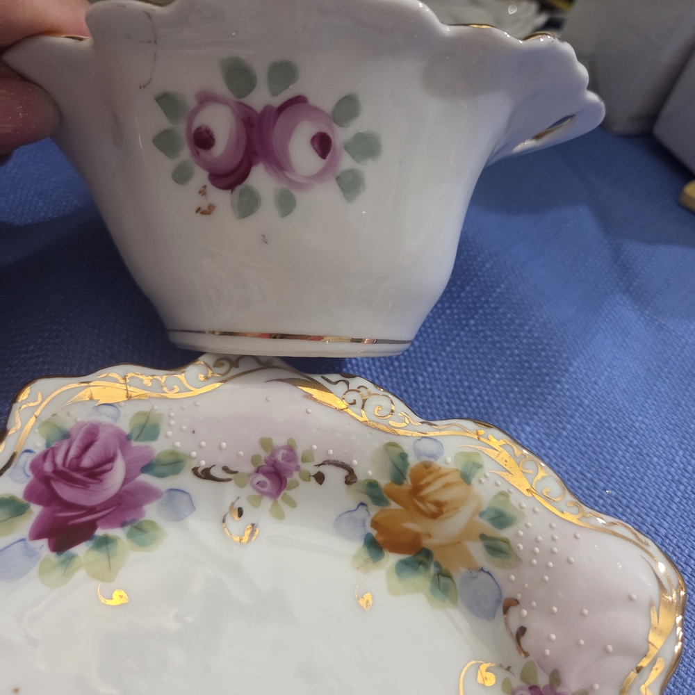 Antique Floral Boat And Dish Trimmed In Gold - Picture 5 of 7